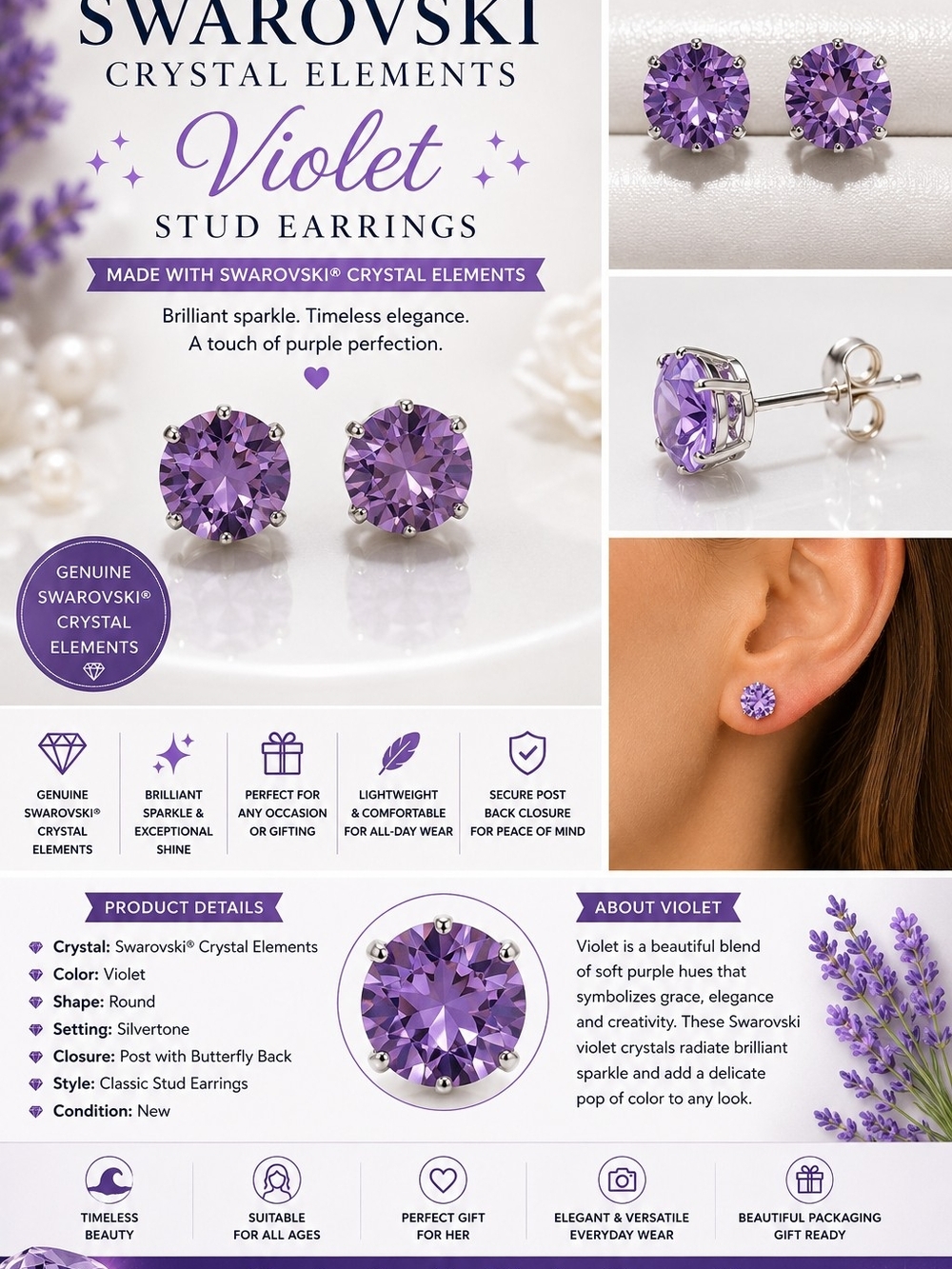 Swarovski Violet Round Crystal Stud Earrings in Silvertone